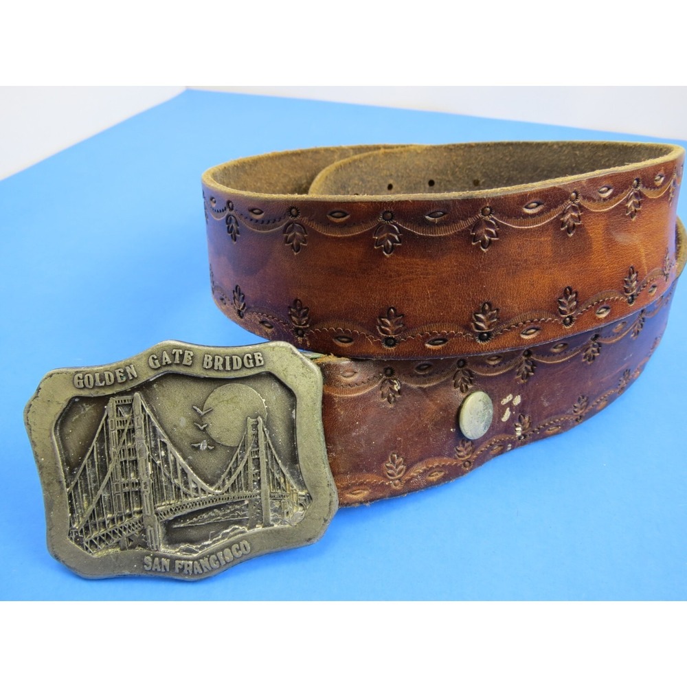 Vintage Pressed Leather Belt Cowboy Western Golden Gate Buckle Hand Tooled